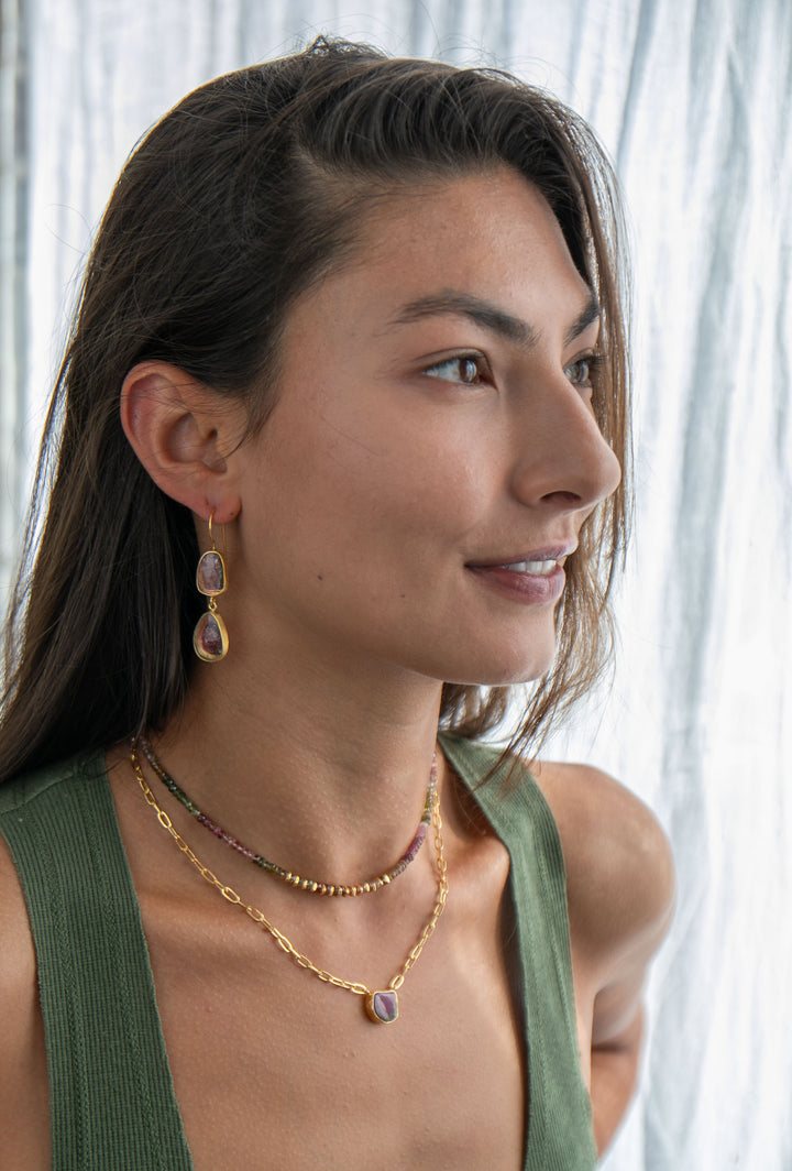 Watermelon Tourmaline Pendant on 24k Gold Plated Sterling Silver Paperclip Chain