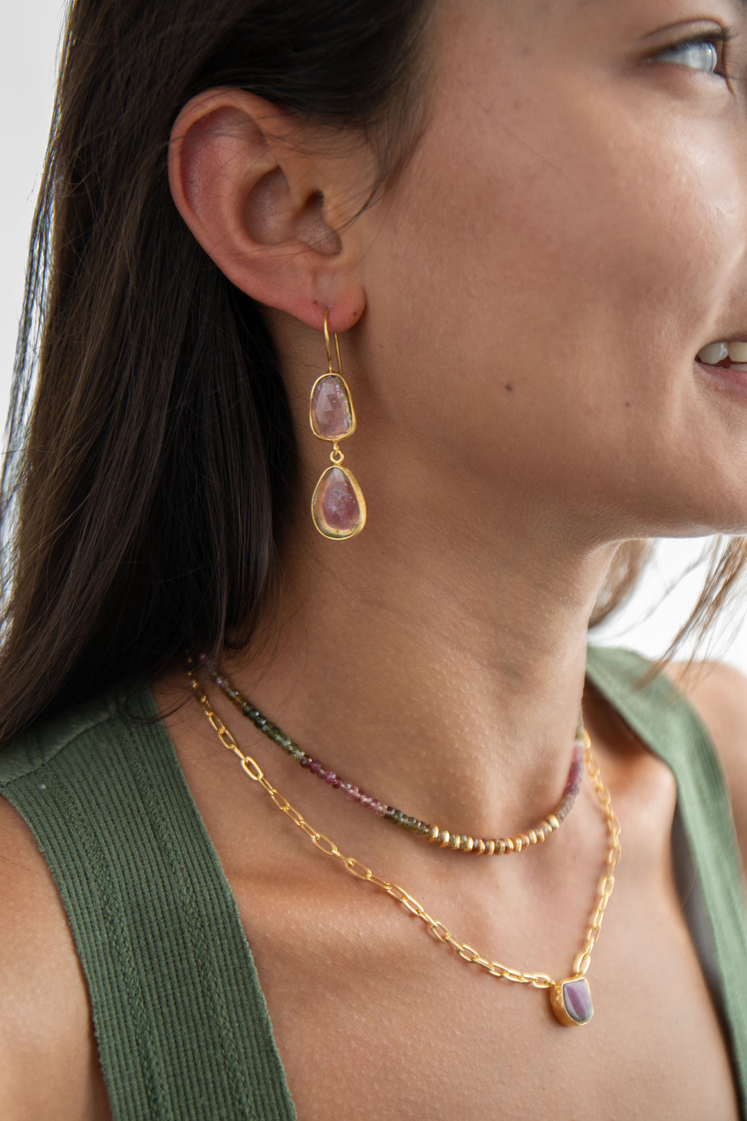 Double Drop Watermelon Tourmaline Earrings in 24k Gold Plated Silver