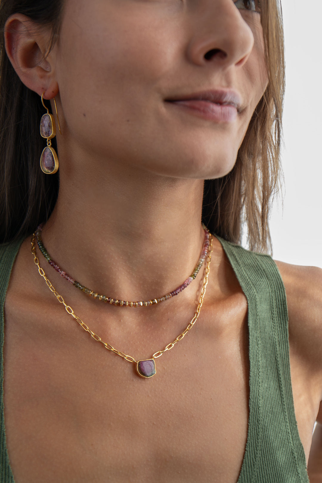 Watermelon Tourmaline Pendant on 24k Gold Plated Sterling Silver Paperclip Chain