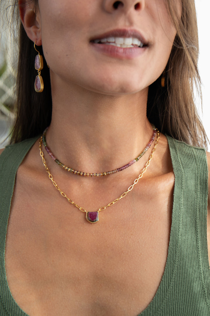 Watermelon Tourmaline Pendant on 24k Gold Plated Sterling Silver Paperclip Chain