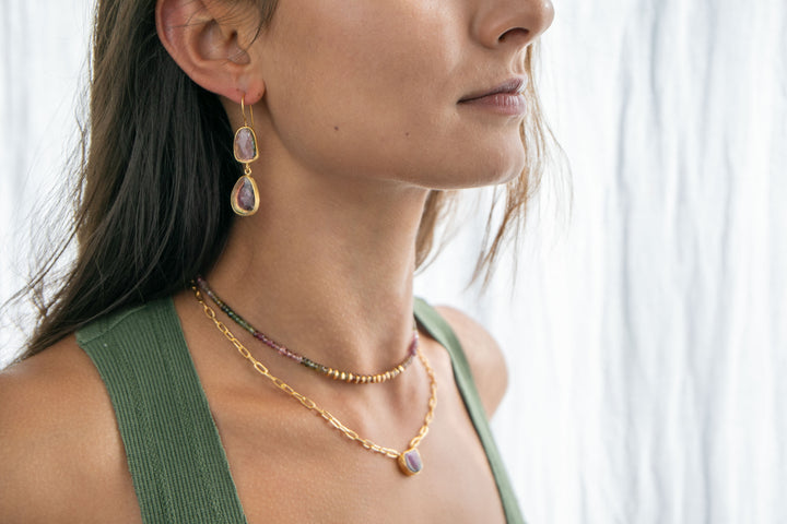 Double Drop Watermelon Tourmaline Earrings in 24k Gold Plated Silver