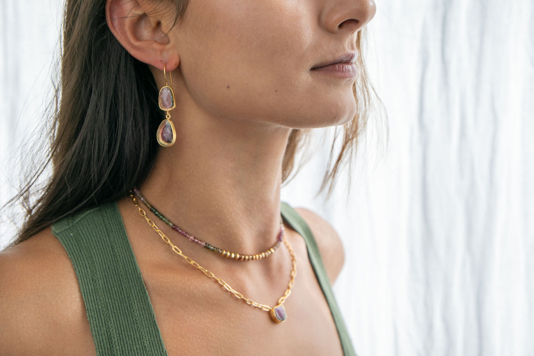 Watermelon Tourmaline Pendant on 24k Gold Plated Sterling Silver Paperclip Chain