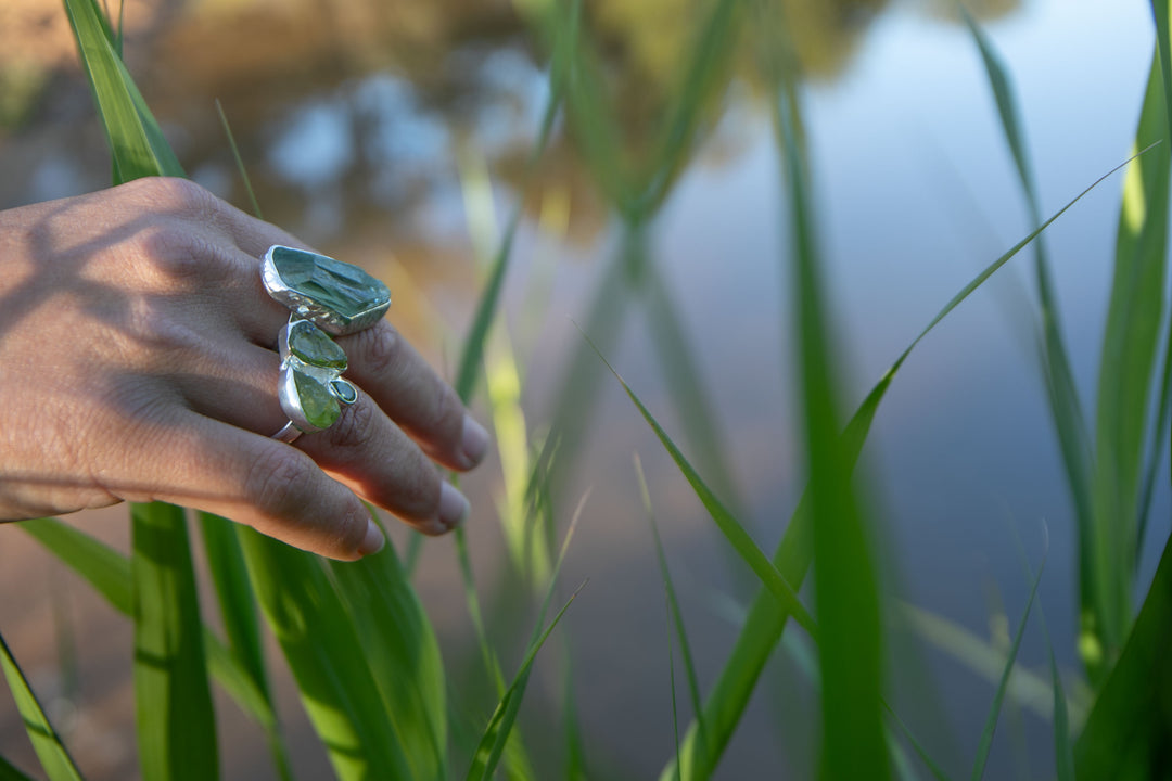 Raw Green Amethyst Ring set in Beaten Sterling Silver - Adjustable