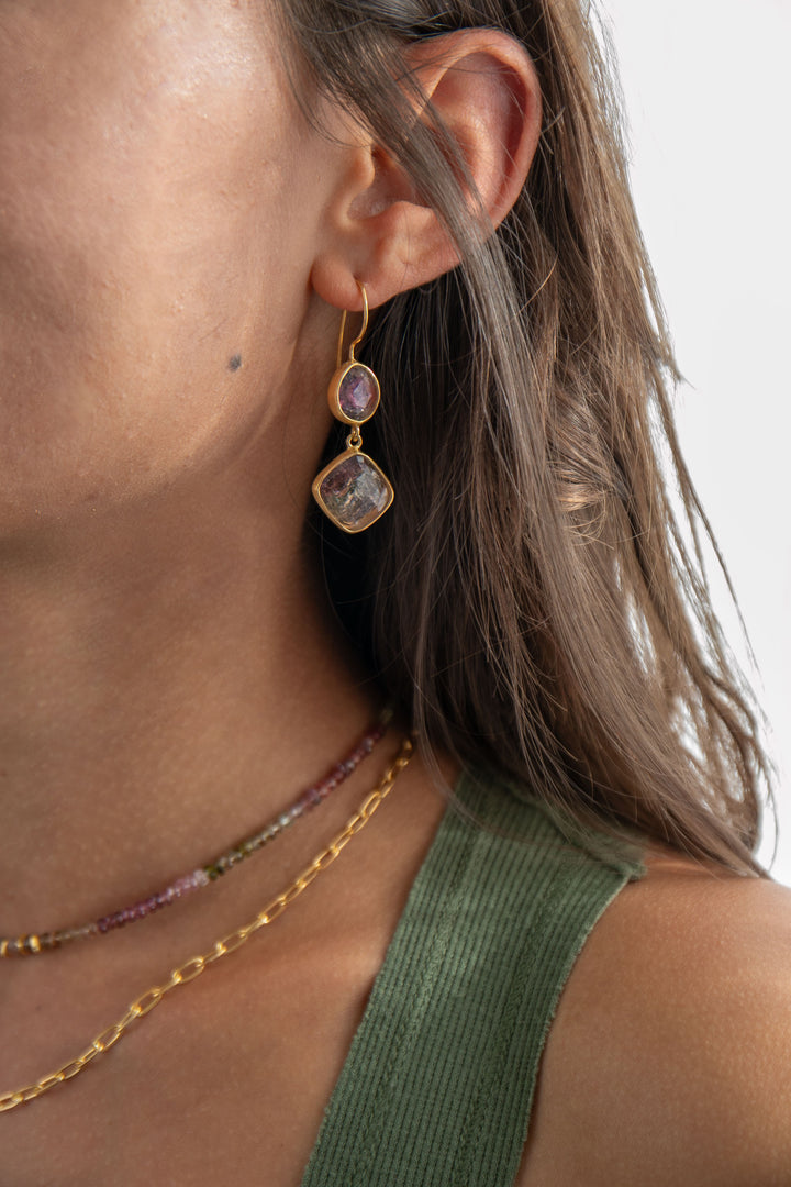 Double Drop Watermelon Tourmaline Earrings in 24k Gold Plated Silver
