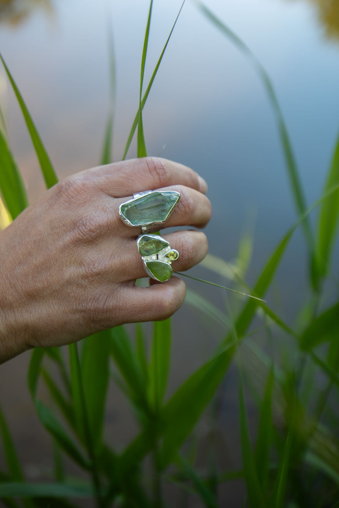 Raw Green Amethyst Ring set in Beaten Sterling Silver - Adjustable