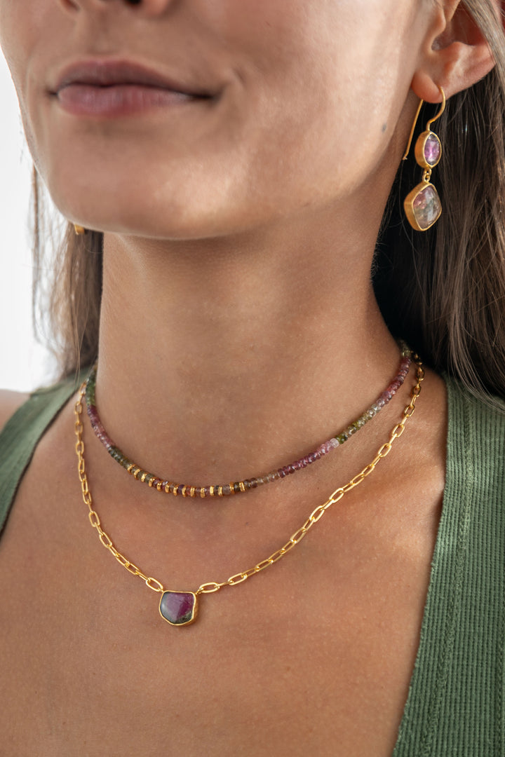 Watermelon Tourmaline Pendant on 24k Gold Plated Sterling Silver Paperclip Chain