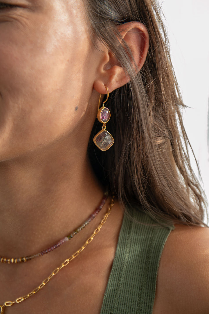 Double Drop Watermelon Tourmaline Earrings in 24k Gold Plated Silver