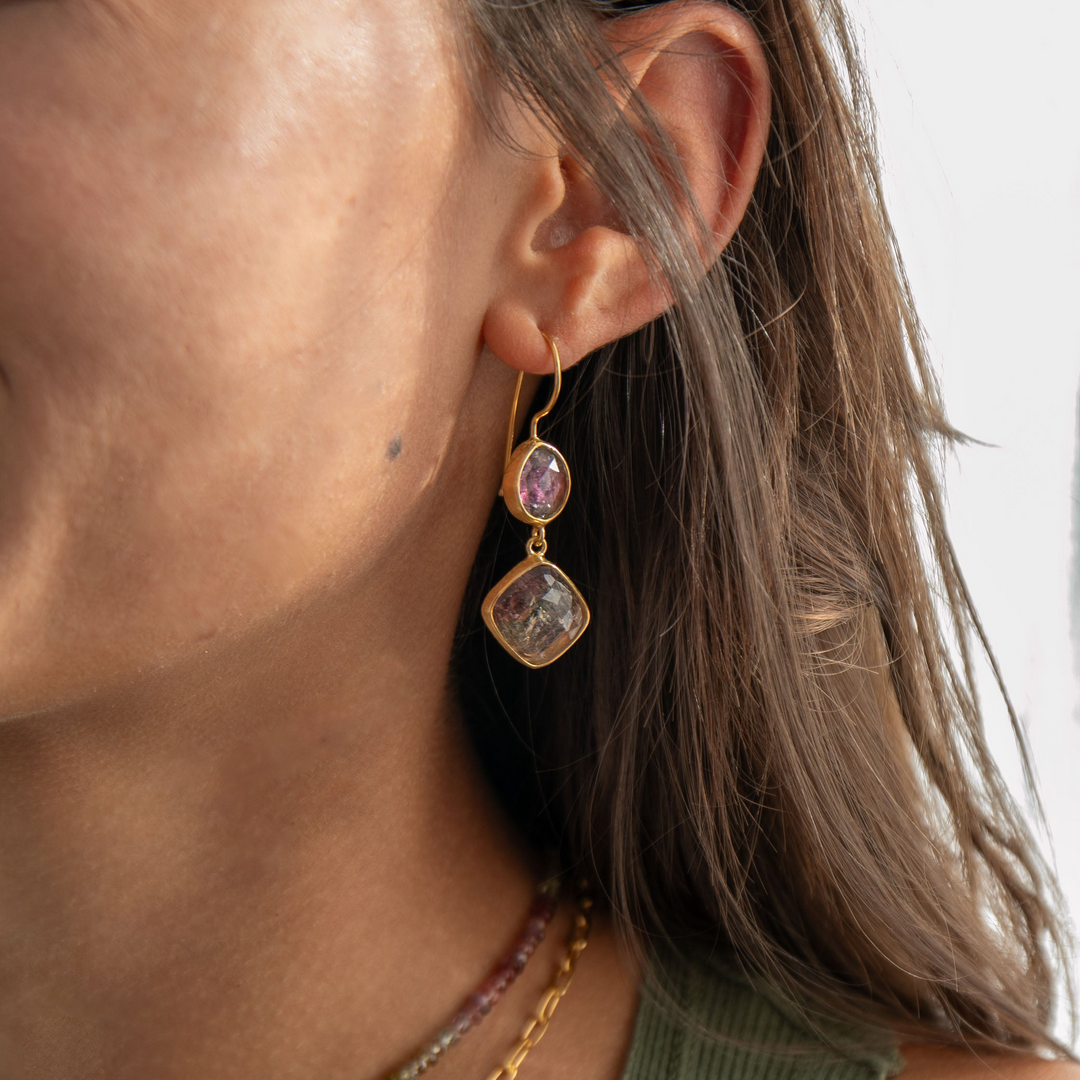 Double Drop Watermelon Tourmaline Earrings in 24k Gold Plated Silver