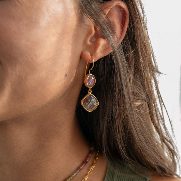 Double Drop Watermelon Tourmaline Earrings in 24k Gold Plated Silver