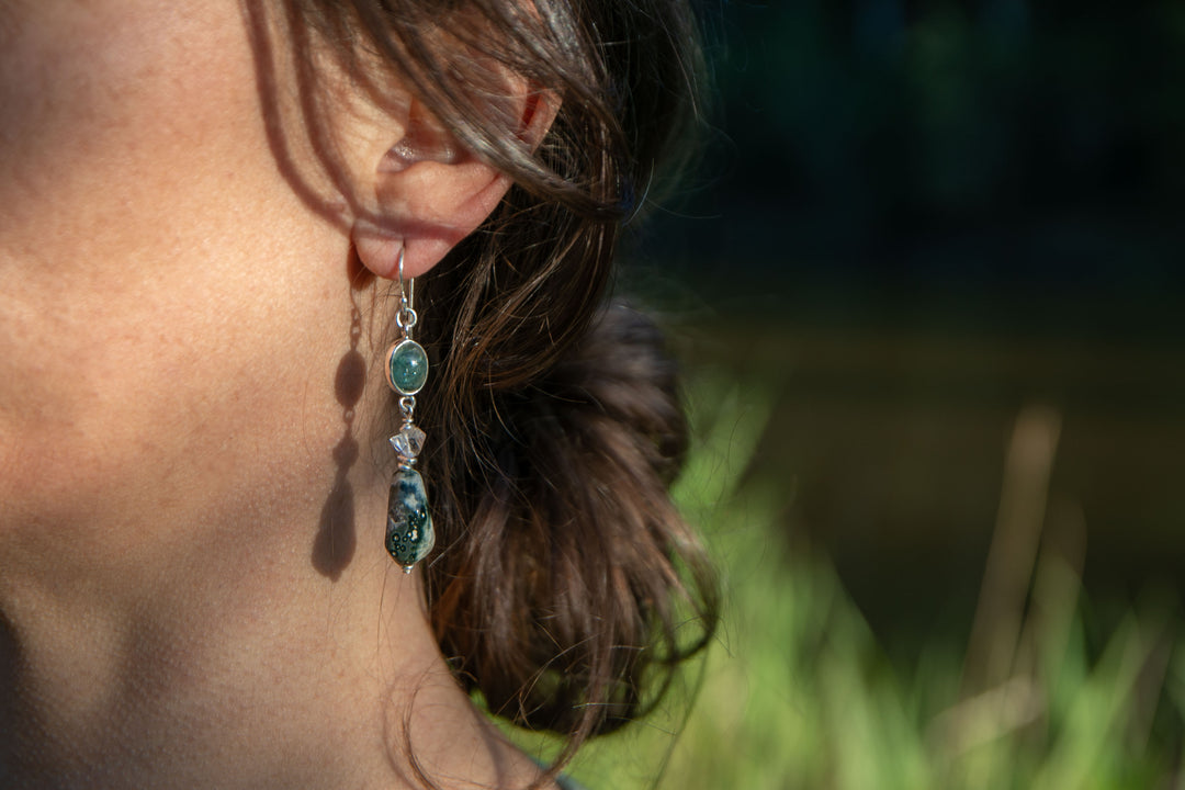 Ocean Jasper, Green Tourmaline and Herkimer Diamond Drop Earrings with Thai Hill Tribe Silver