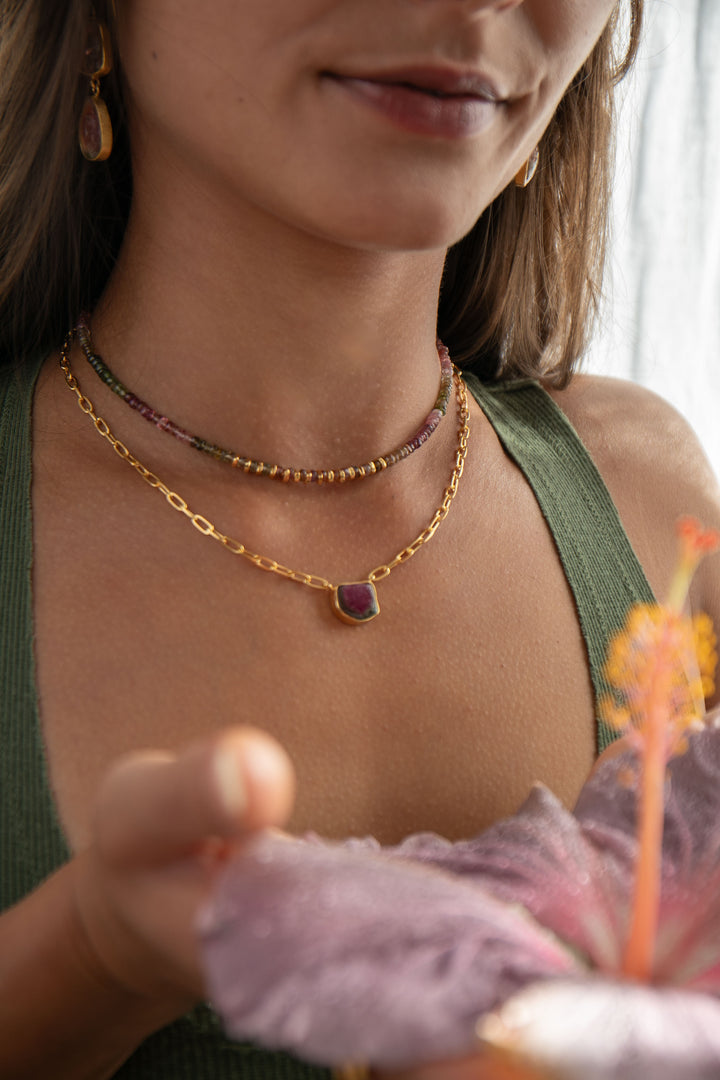Watermelon Tourmaline Pendant on 24k Gold Plated Sterling Silver Paperclip Chain