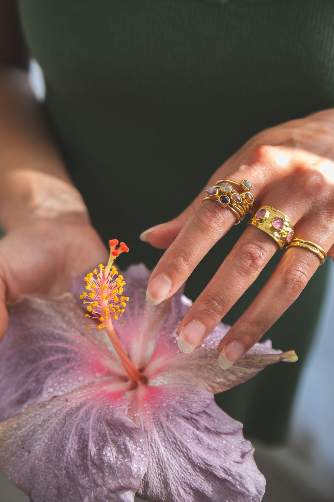 Multi Watermelon Tourmaline Multi Band Ring in Gold Plated Silver - Size 7 US