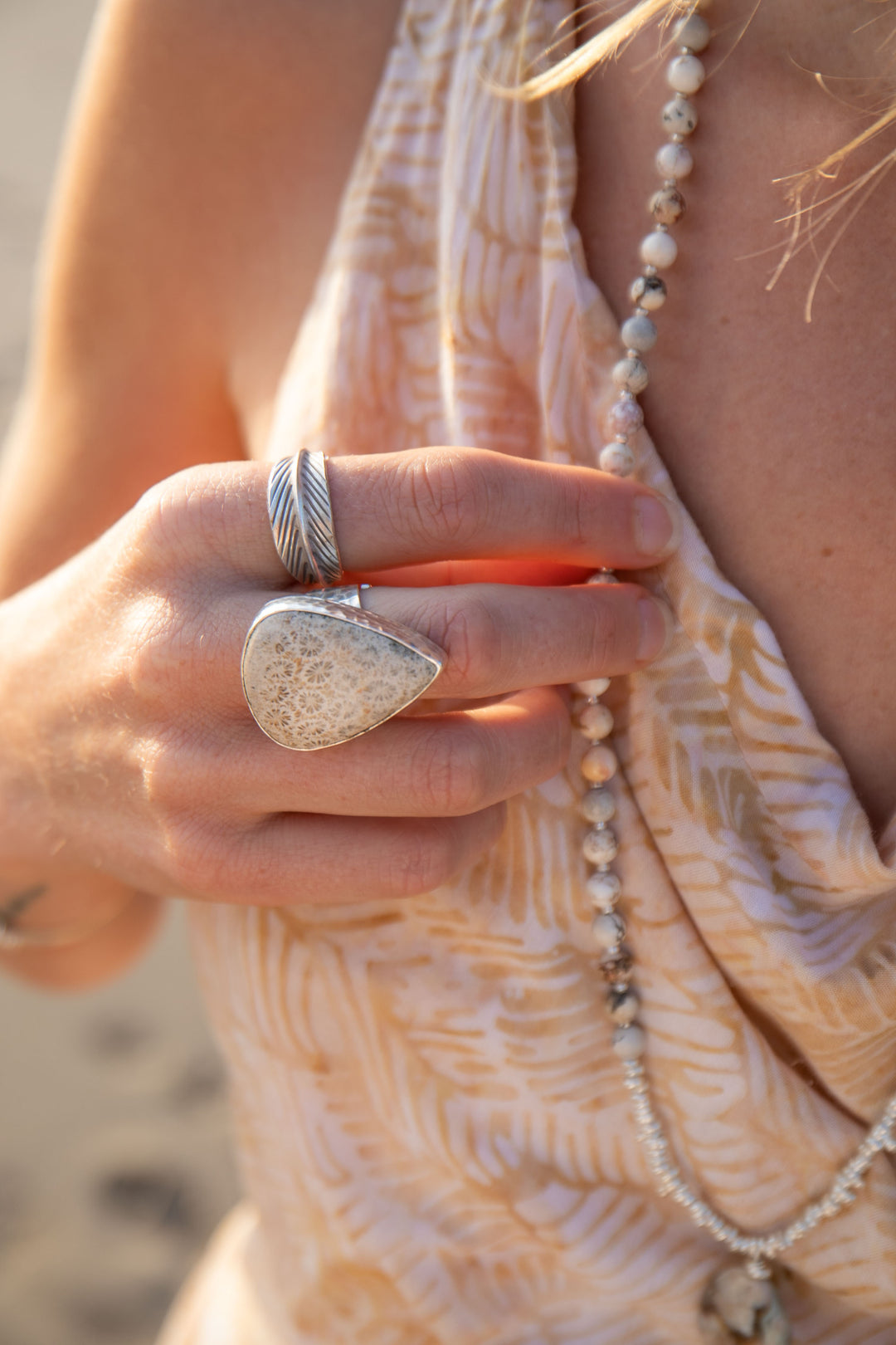 Teardrop Fossil Coral Ring in Beaten Sterling Silver - Adjustable