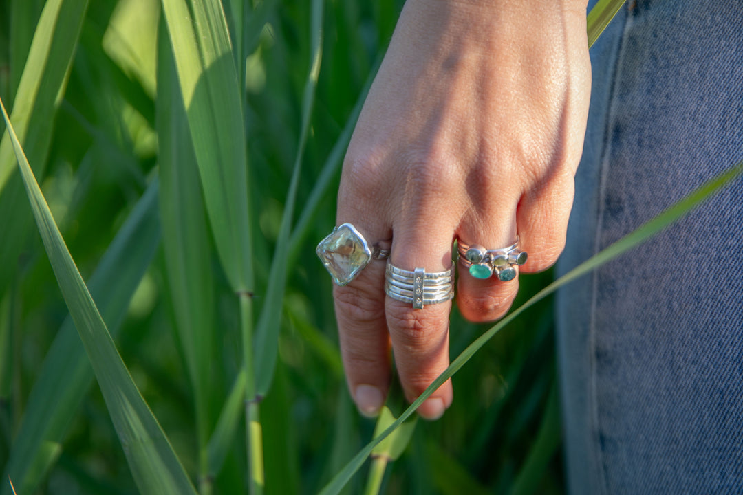 Faceted Green Amethyst (Prasiolite) Ring set in Unique Sterling Silver Setting - Size 9 US