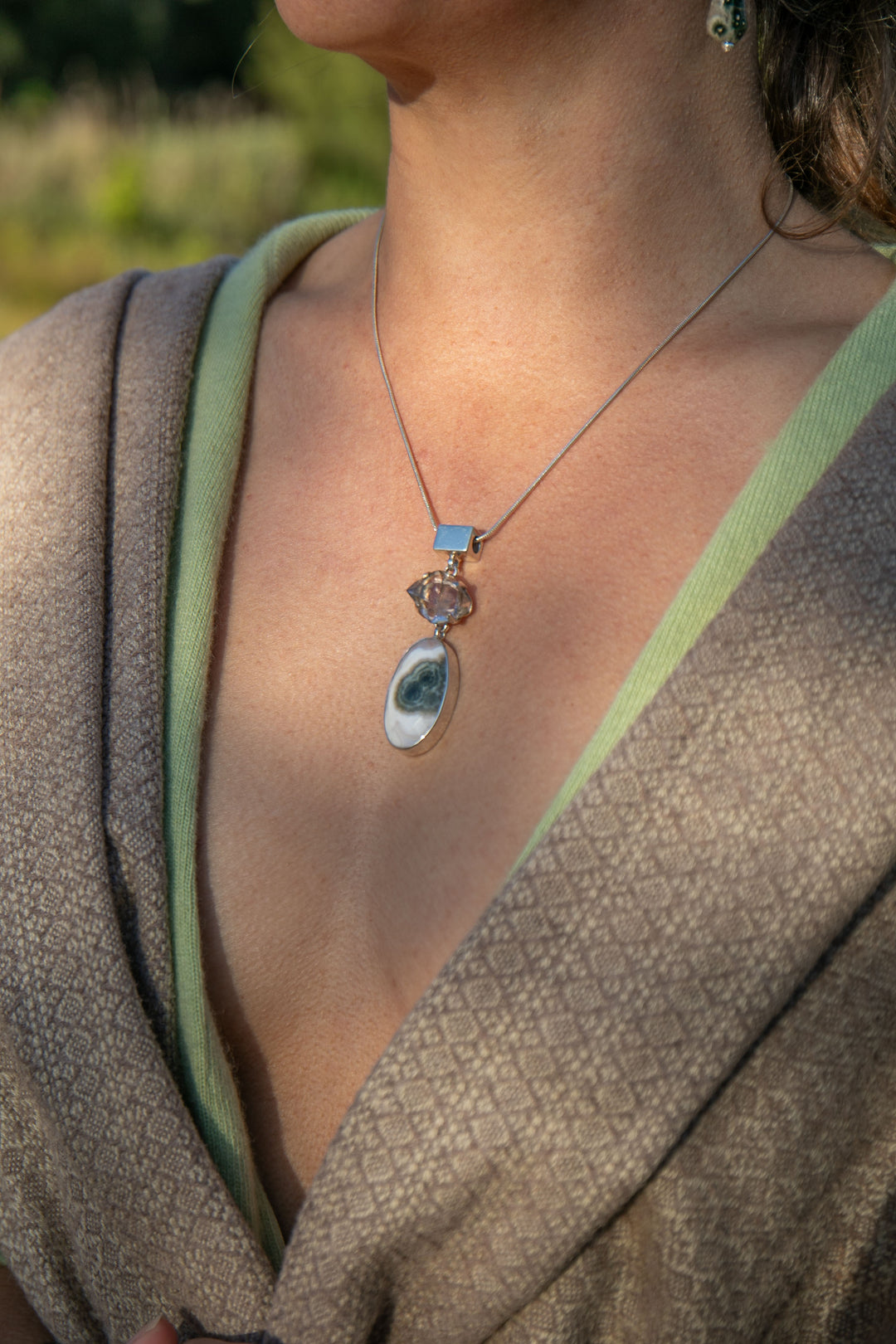 Ocean Jasper and Herkimer Diamond Pendant in Sterling Silver