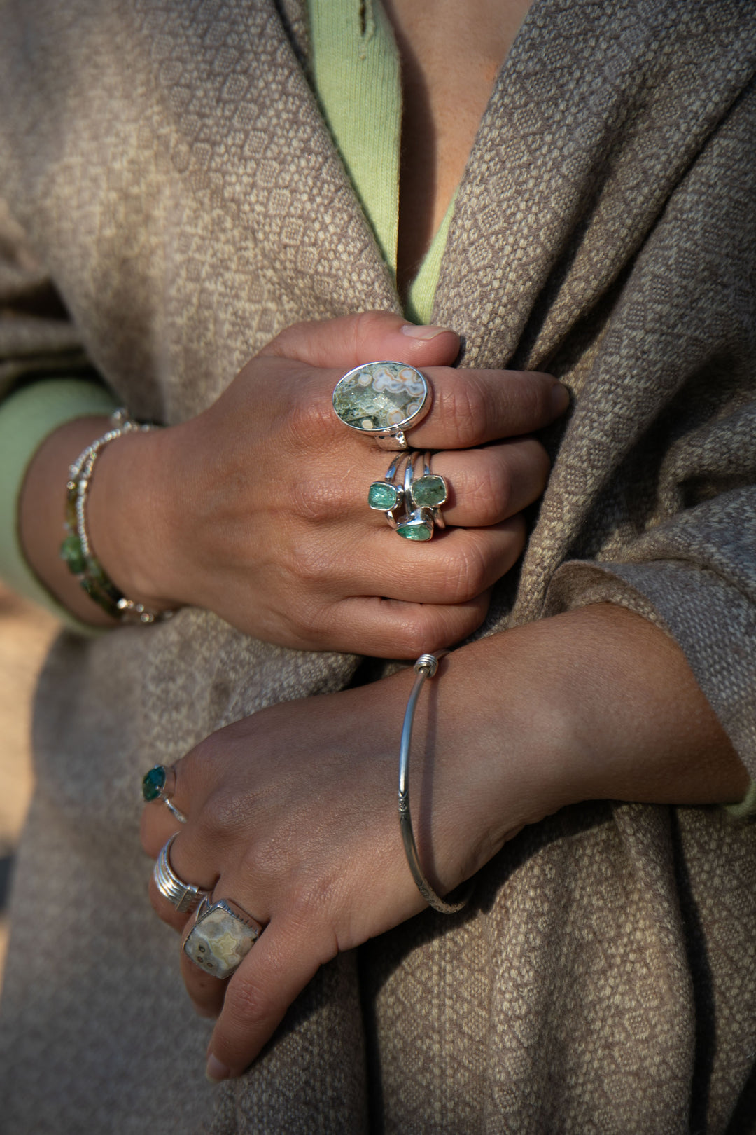 Ocean Jasper Ring in Beaten Sterling Silver with Adjustable Band