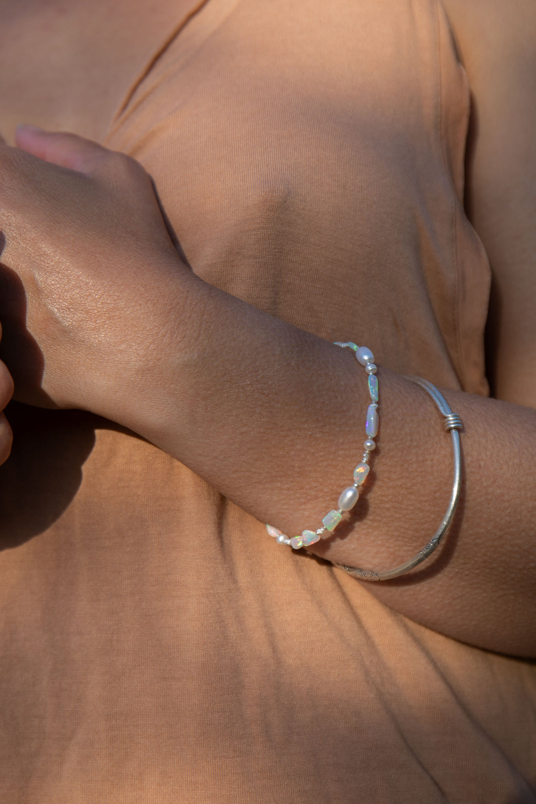 Ethiopian Opal, Pearl and Thai Hill Tribe Silver Bracelet