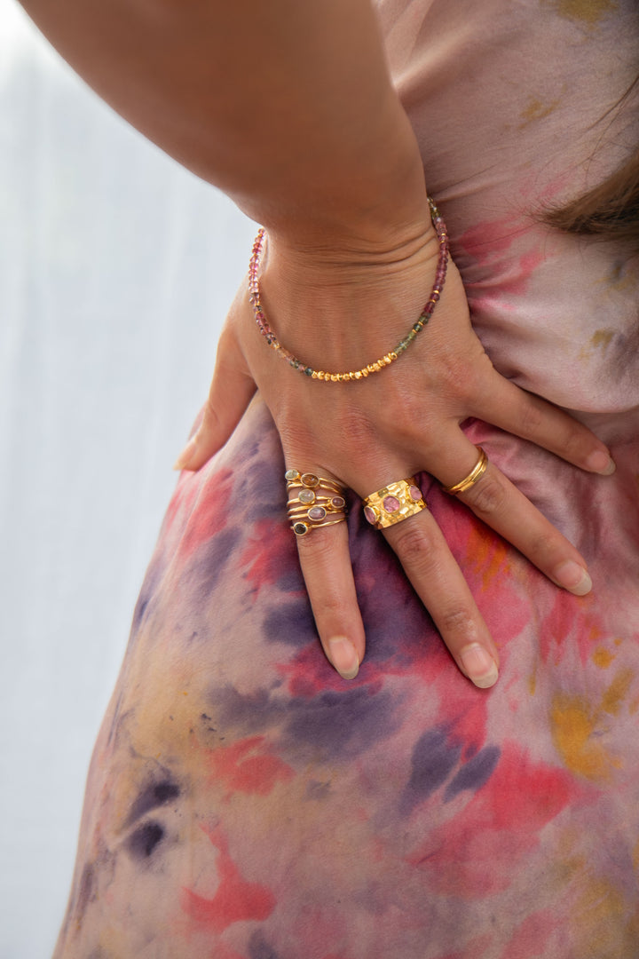 Multi Watermelon Tourmaline Multi Band Ring in Gold Plated Silver - Size 7 US