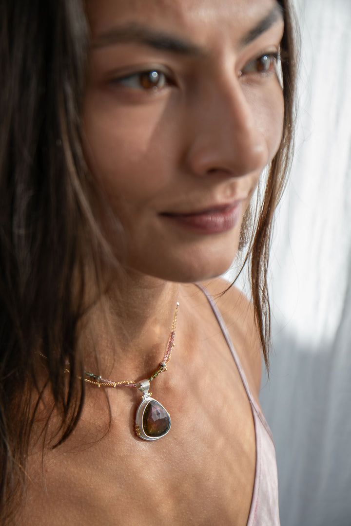 Rose Cut Watermelon Tourmaline Pendant in Brushed 92.5% Sterling Silver with Gold Accents