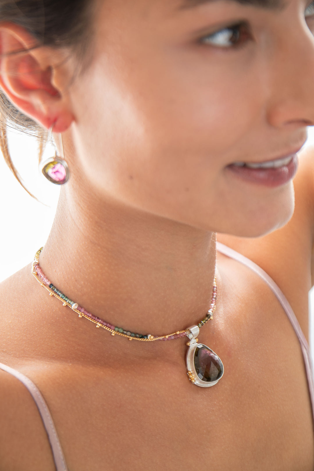 Rose Cut Watermelon Tourmaline Pendant in Brushed 92.5% Sterling Silver with Gold Accents