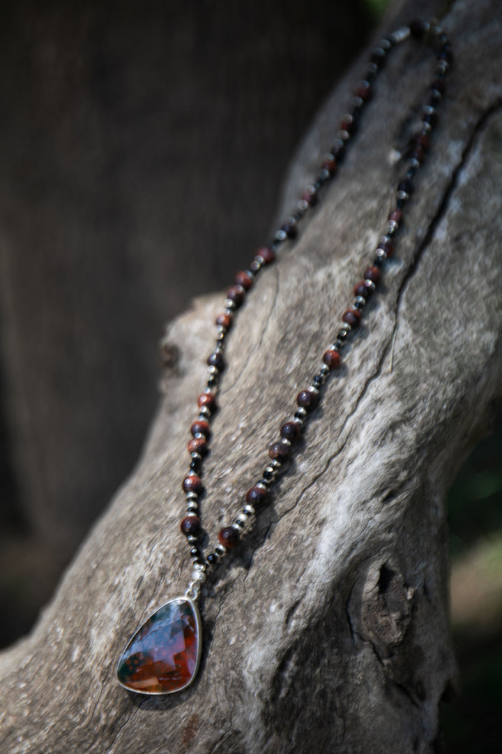 Red Tiger's Eye, Black Onyx and Black Spinel Necklace with Ocean Jasper Pendant