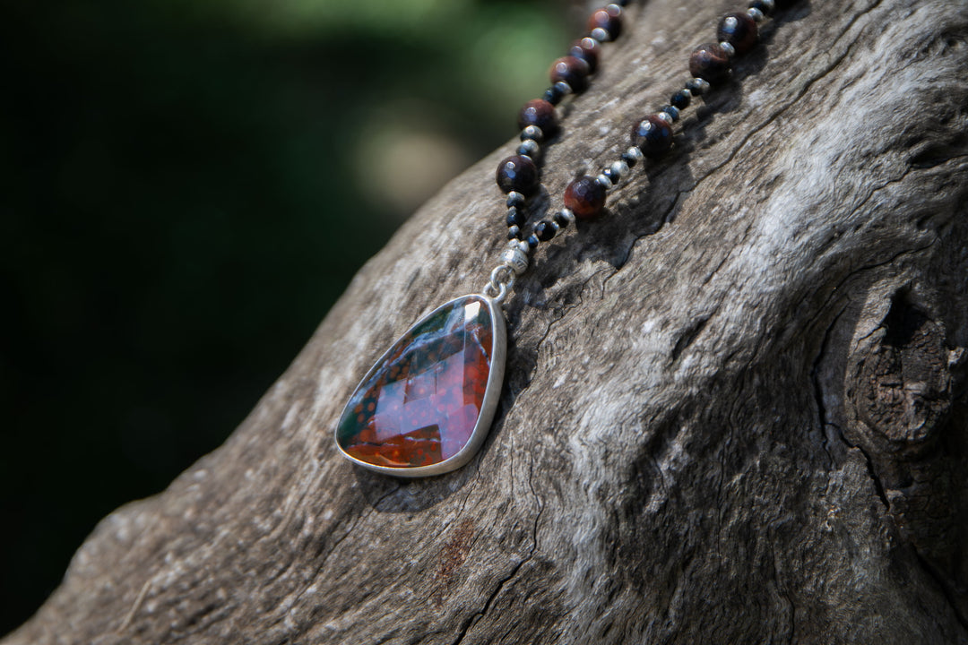 Red Tiger's Eye, Black Onyx and Black Spinel Necklace with Ocean Jasper Pendant