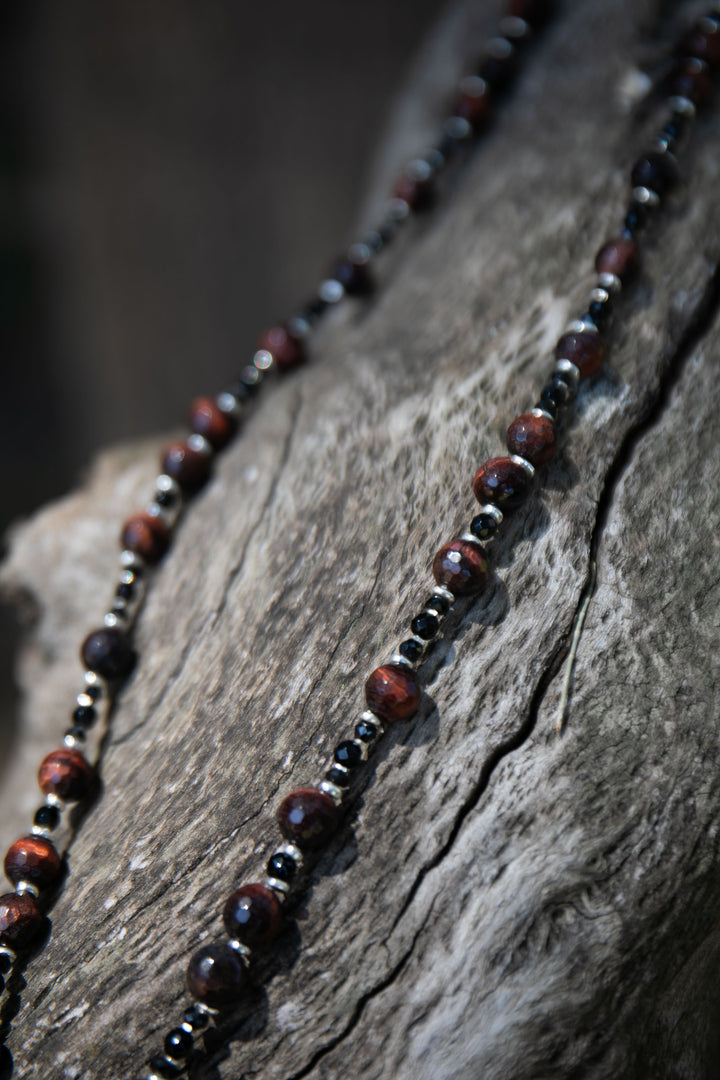 Red Tiger's Eye, Black Onyx and Black Spinel Necklace with Ocean Jasper Pendant