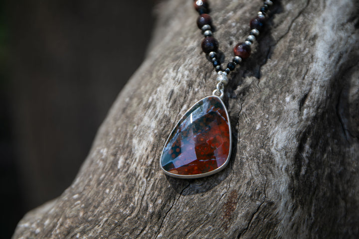 Red Tiger's Eye, Black Onyx and Black Spinel Necklace with Ocean Jasper Pendant