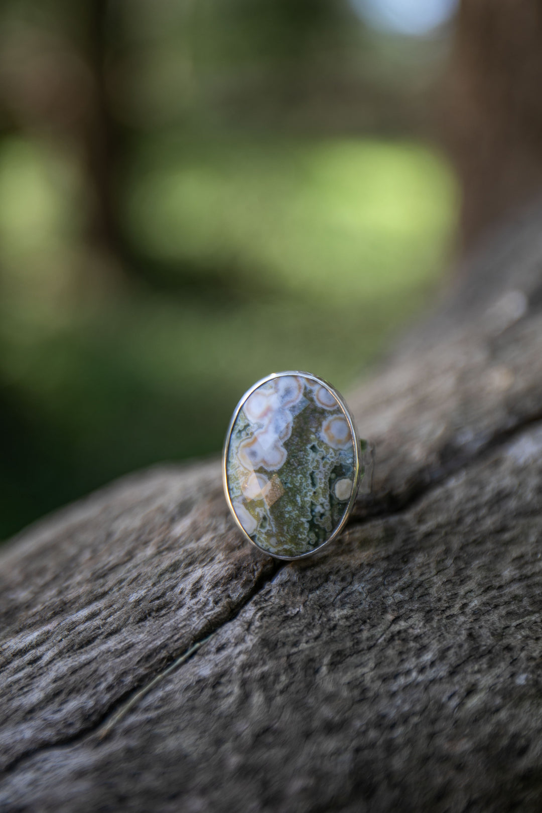 Ocean Jasper Ring in Beaten Sterling Silver with Adjustable Band