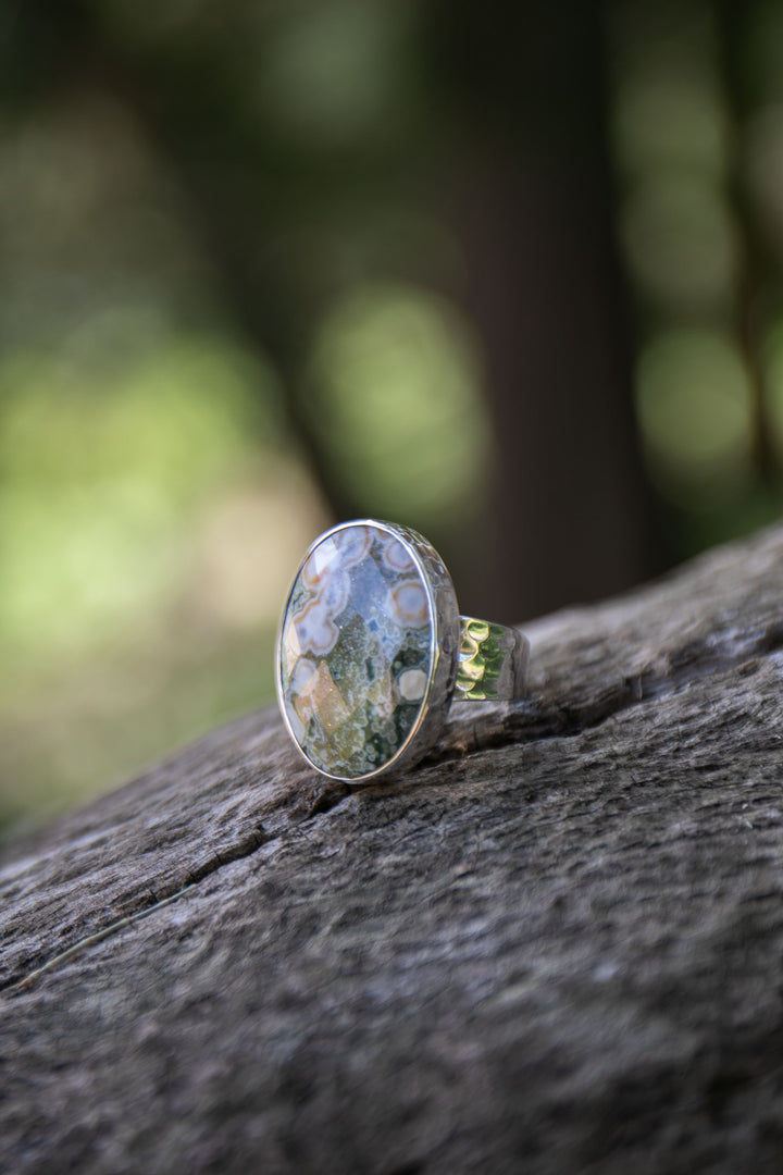 Ocean Jasper Ring in Beaten Sterling Silver with Adjustable Band