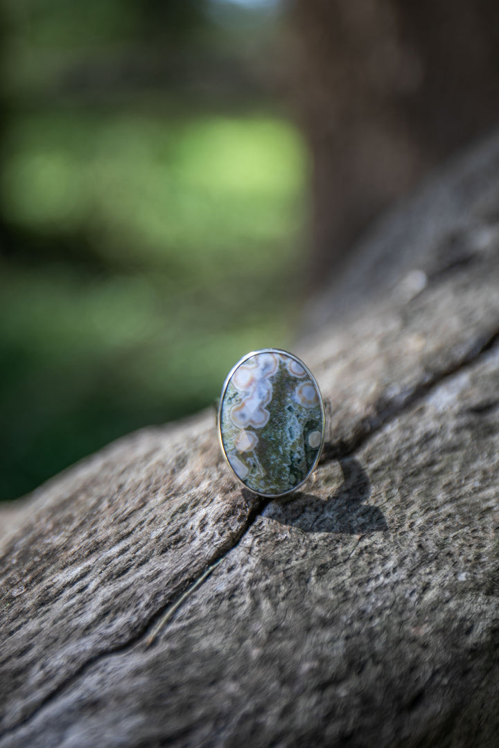 Ocean Jasper Ring in Beaten Sterling Silver with Adjustable Band