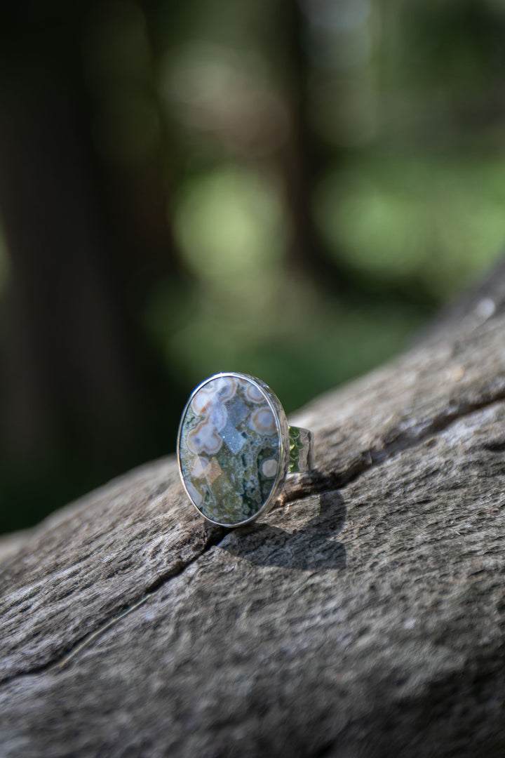 Ocean Jasper Ring in Beaten Sterling Silver with Adjustable Band