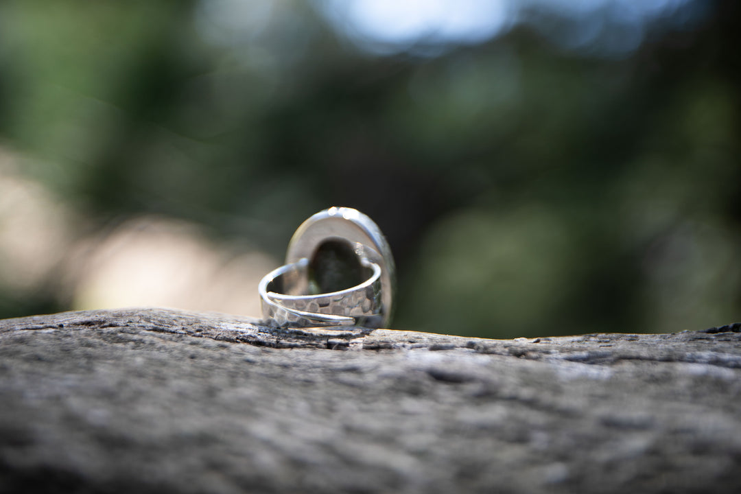 Ocean Jasper Ring in Beaten Sterling Silver with Adjustable Band