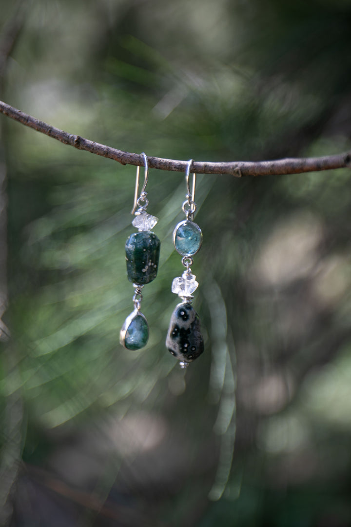 Ocean Jasper, Green Tourmaline and Herkimer Diamond Drop Earrings with Thai Hill Tribe Silver