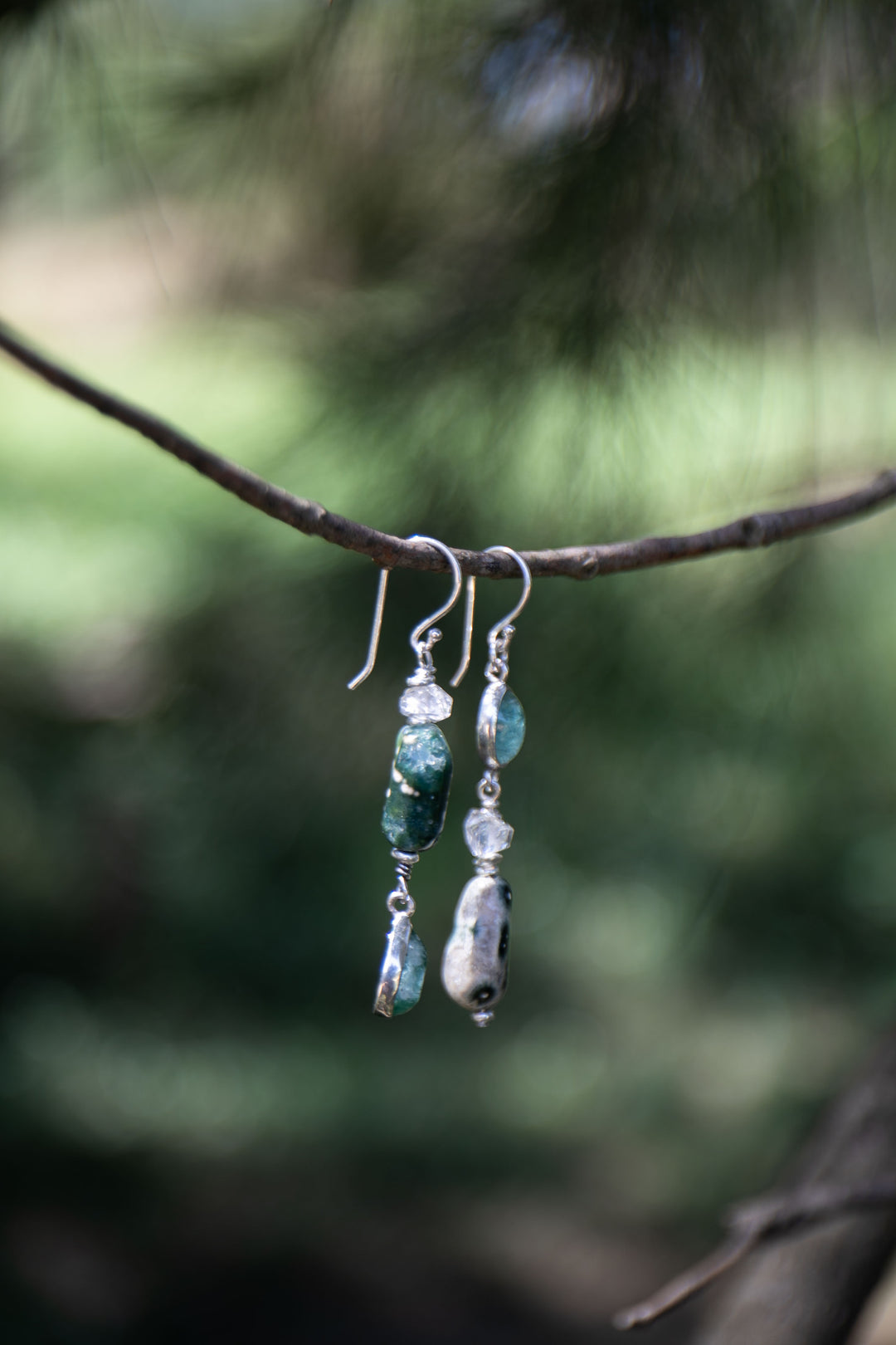 Ocean Jasper, Green Tourmaline and Herkimer Diamond Drop Earrings with Thai Hill Tribe Silver