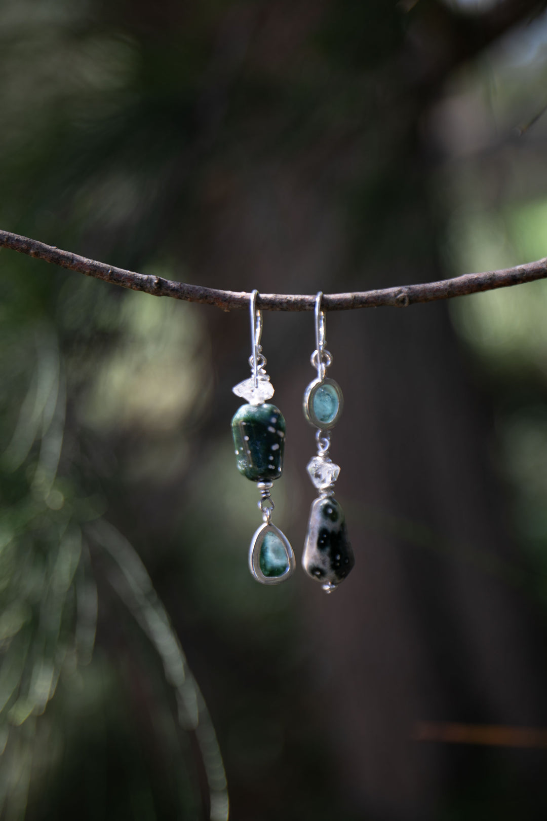 Ocean Jasper, Green Tourmaline and Herkimer Diamond Drop Earrings with Thai Hill Tribe Silver