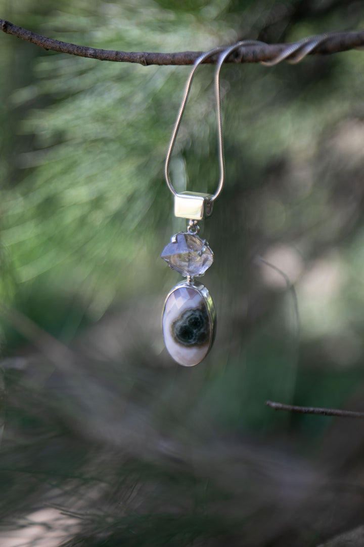 Ocean Jasper and Herkimer Diamond Pendant in Sterling Silver