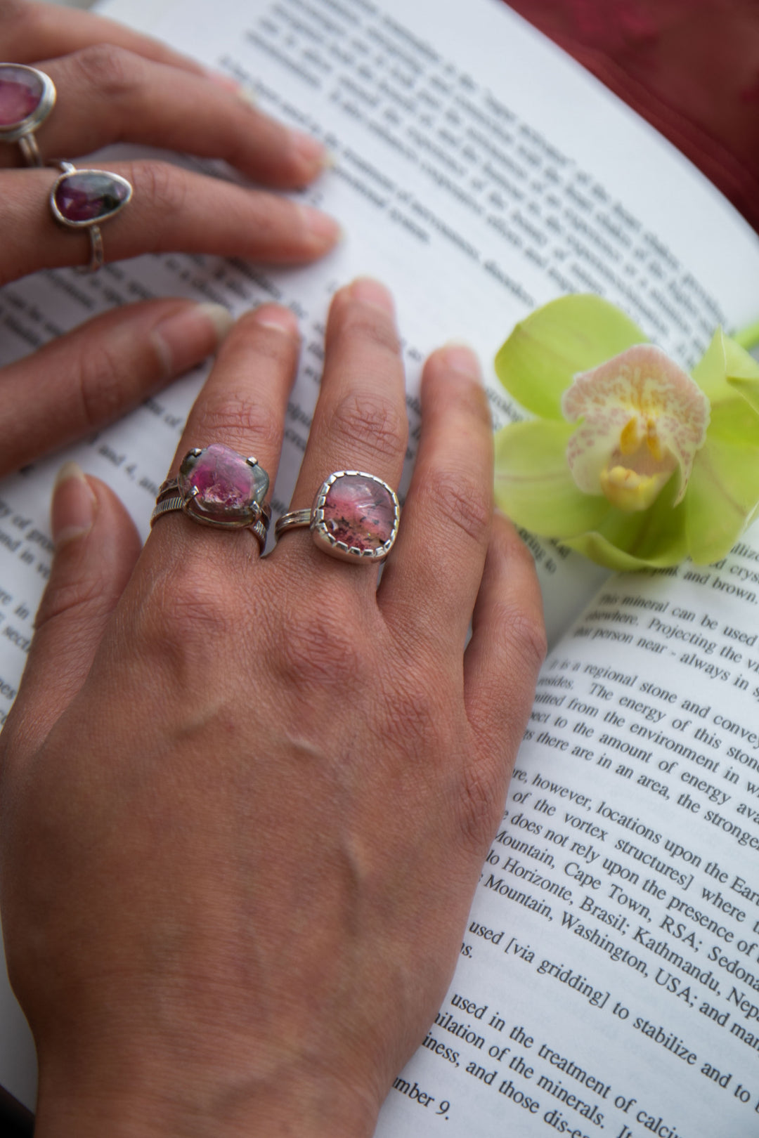Watermelon Tourmaline Ring in Beaten Sterling Silver Setting - Size 7 US
