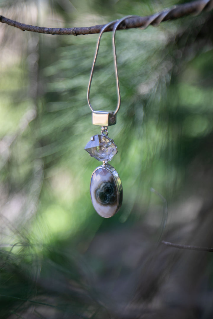 Ocean Jasper and Herkimer Diamond Pendant in Sterling Silver