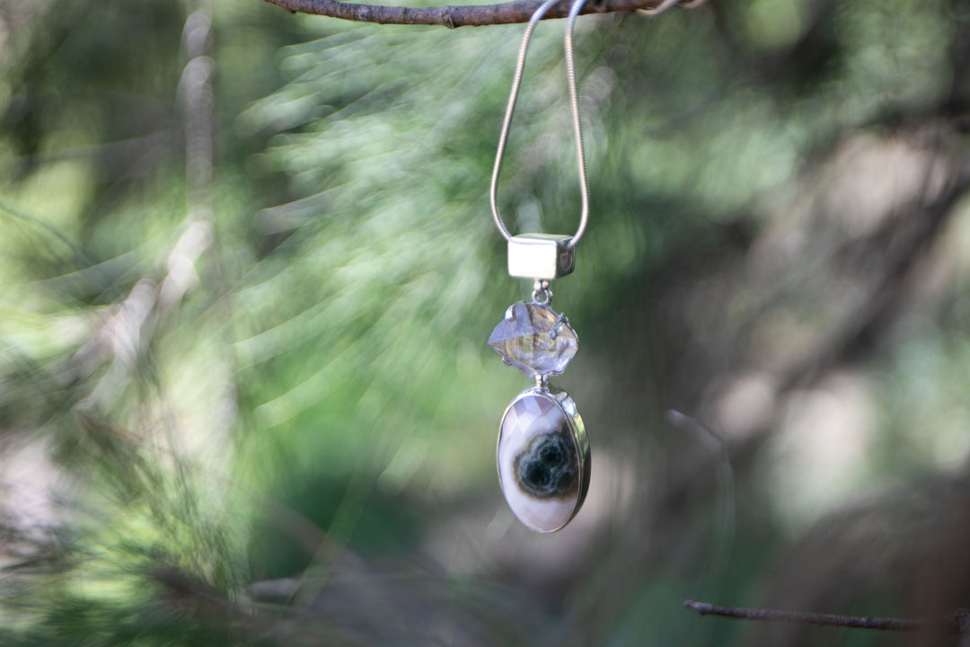 Ocean Jasper and Herkimer Diamond Pendant in Sterling Silver