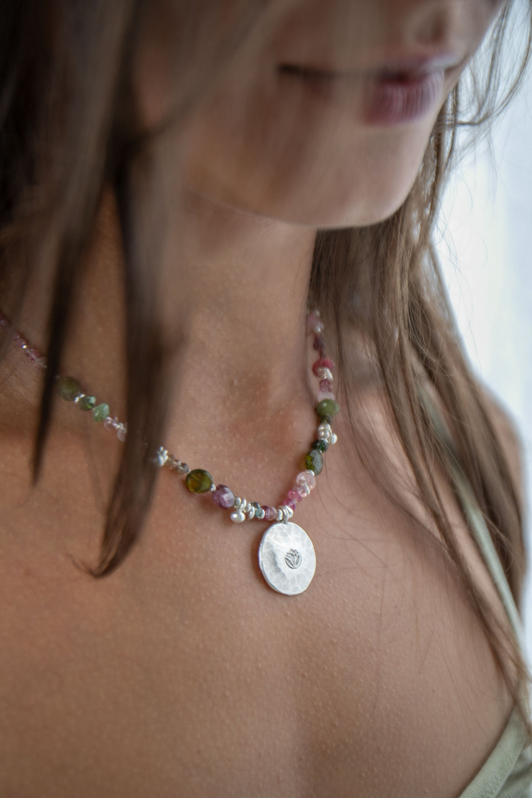 Watermelon Tourmaline Necklace Handmade with Thai Hill Tribe Silver