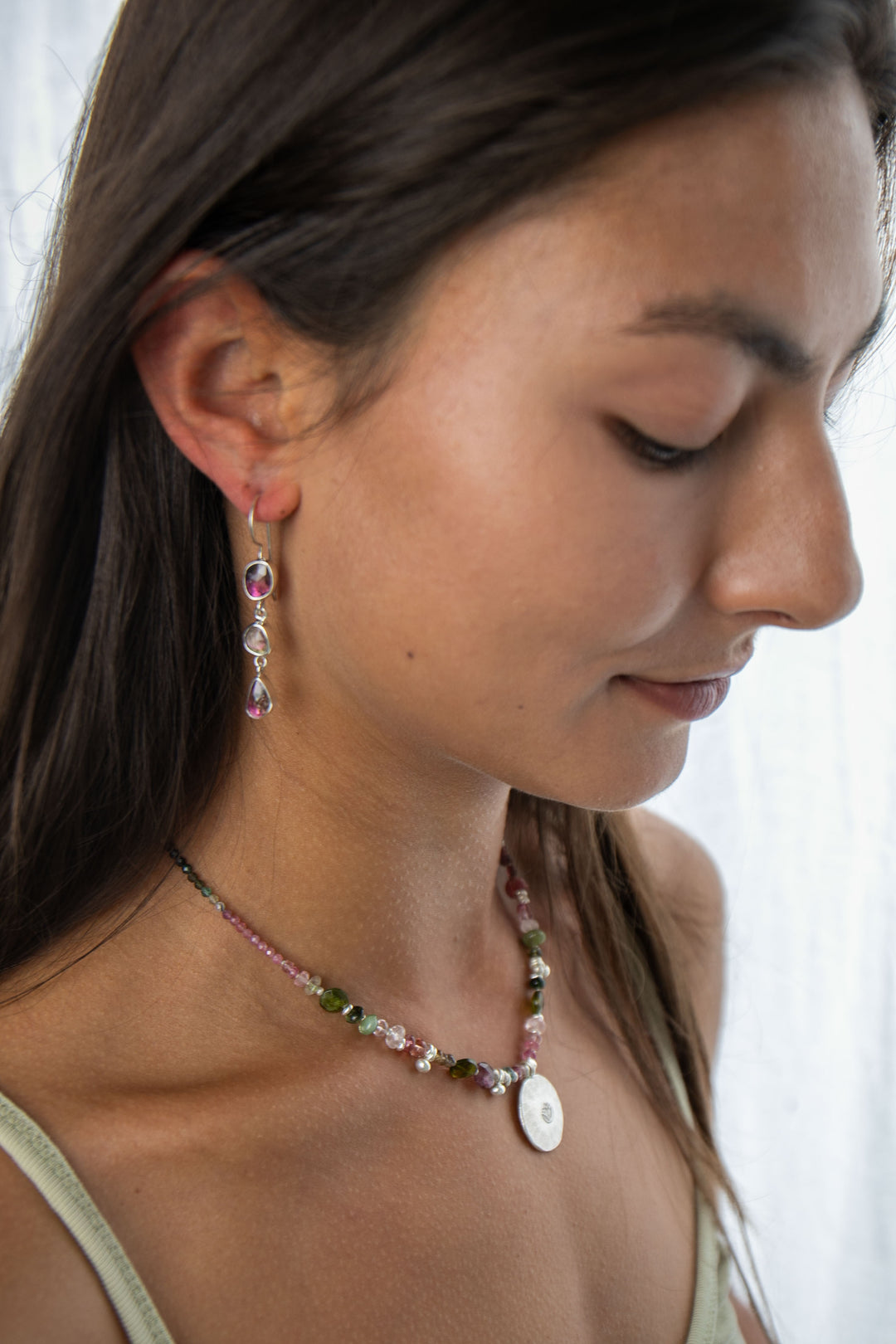 Rose Cut Triple Watermelon Tourmaline Earrings in 92.5% Sterling Silver