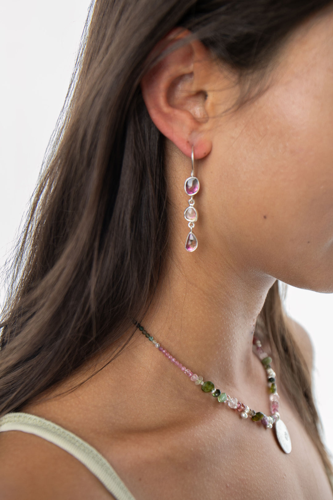 Rose Cut Triple Watermelon Tourmaline Earrings in 92.5% Sterling Silver