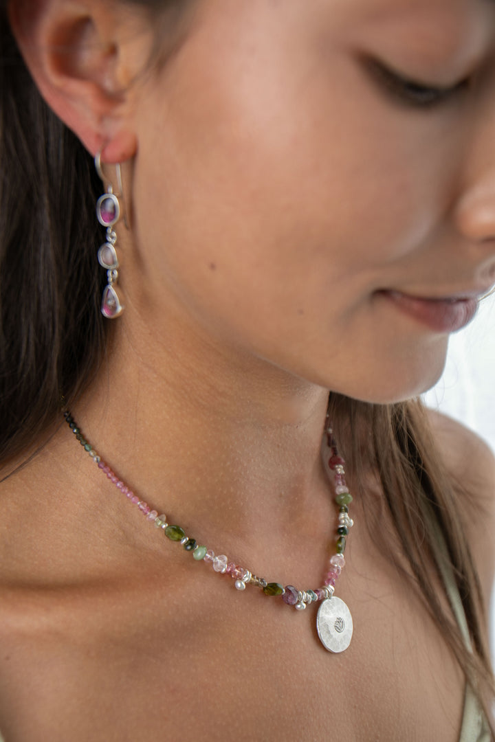 Rose Cut Triple Watermelon Tourmaline Earrings in 92.5% Sterling Silver