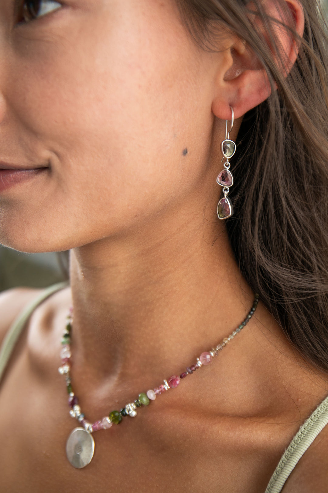 Rose Cut Triple Watermelon Tourmaline Earrings in 92.5% Sterling Silver