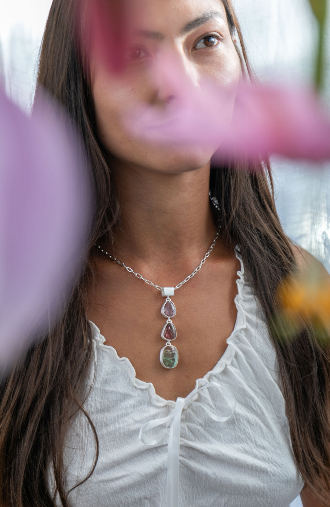 Rose Cut Triple Watermelon Tourmaline Pendant in Brushed 92.5% Sterling Silver