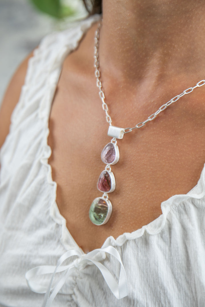 Rose Cut Triple Watermelon Tourmaline Pendant in Brushed 92.5% Sterling Silver