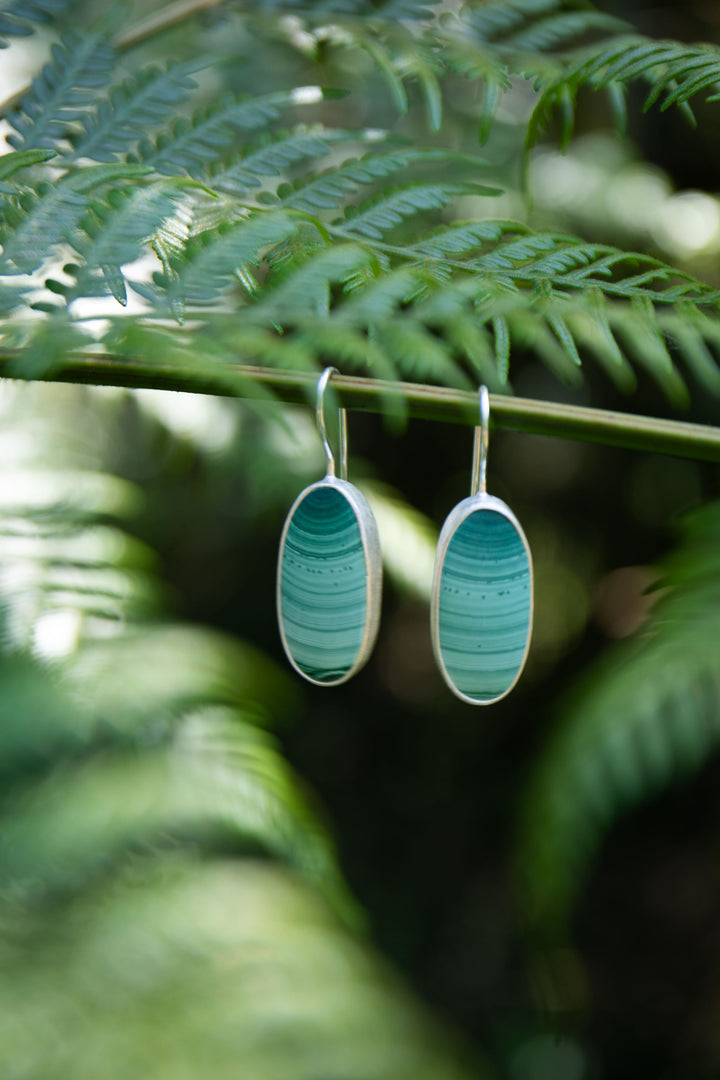 Malachite Earrings in Brushed Sterling Silver Setting