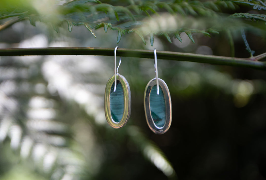 Malachite Earrings in Brushed Sterling Silver Setting