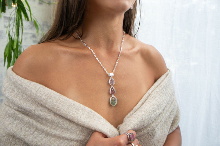 Rose Cut Triple Watermelon Tourmaline Pendant in Brushed 92.5% Sterling Silver